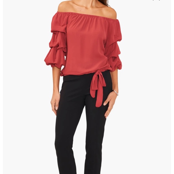 Vince Camuto Off-The-Shoulder Bubble Sleeve Blouse Red Pear Size Petite … - Picture 3 of 12